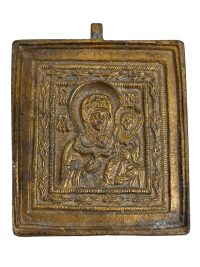Antique Russian Orthodox Church Bronze Travel Alter Icon Mary With Child Patina Chapel Religious Gift Holy Water c1900’s