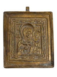 Antique Russian Orthodox Church Bronze Travel Alter Icon Mary With Child Patina Chapel Religious Gift Holy Water c1900’s 2