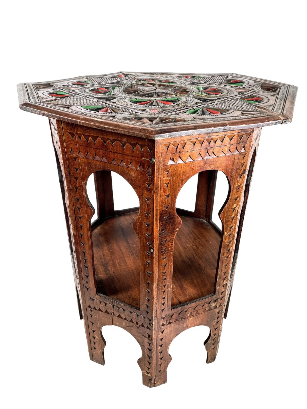 Vintage Moroccan Intricately Inlaid Brass Wood Wooden Table Hand Painted Boho Damaged – REPAIRS NEEDED c1960’s