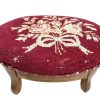 Vintage French Cushioned Bench Foot Stool Red Pink Rose Padded Bench Wooden Wood Chair Seat Side Prop Display Cross Stitch c1950's