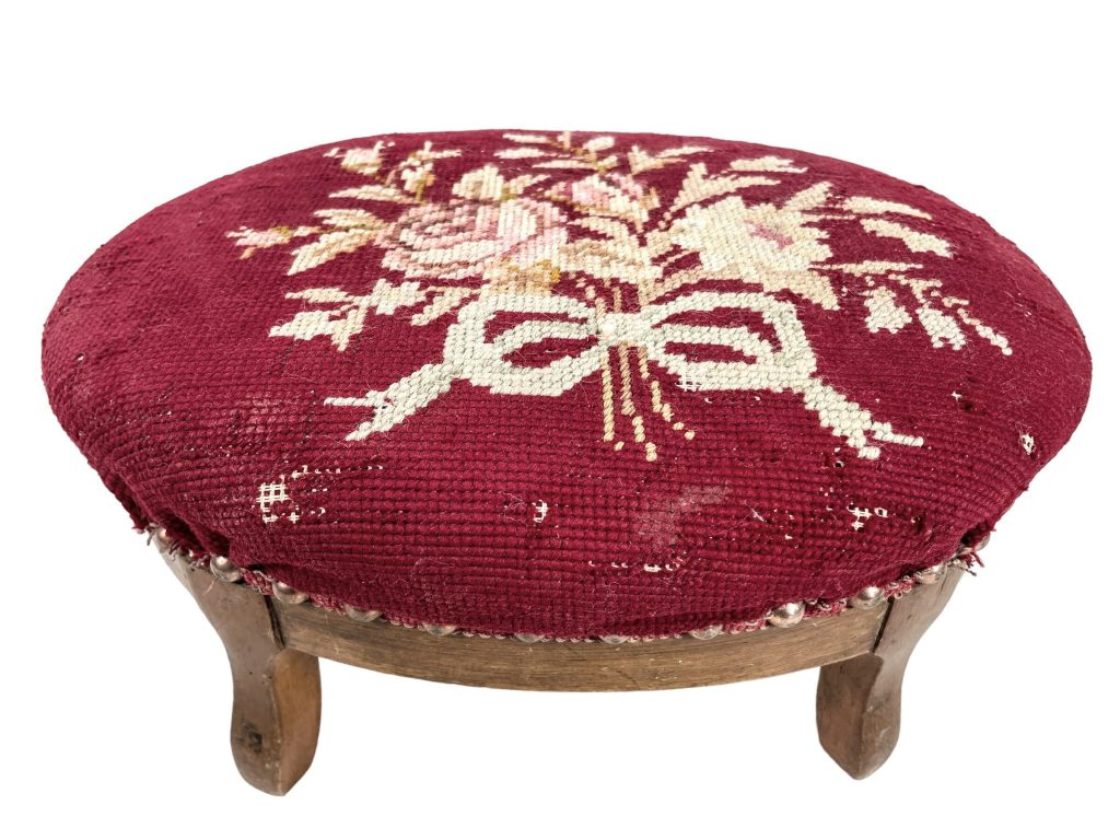 Vintage French Cushioned Bench Foot Stool Red Pink Rose Padded Bench Wooden Wood Chair Seat Side Prop Display Cross Stitch c1950’s