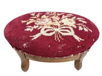 Vintage French Cushioned Bench Foot Stool Red Pink Rose Padded Bench Wooden Wood Chair Seat Side Prop Display Cross Stitch c1950's