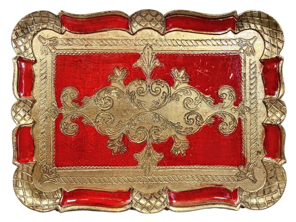 Vintage Italian Florentine Florence Red Gold Resin Ornately Decorated Small Serving Lap Tray Handled Decoration c1980-90’s