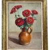 Vintage French Marest Still Life Red Yellow Flowers Oil Painting On Wood Board In Painted Gold Frame circa 1942