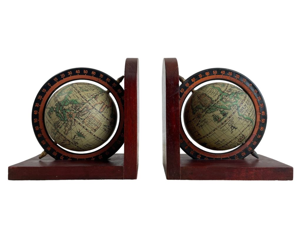 Vintage French Wooden Spinning Globe World Bookends Book Ends Wood circa 1970-80’s