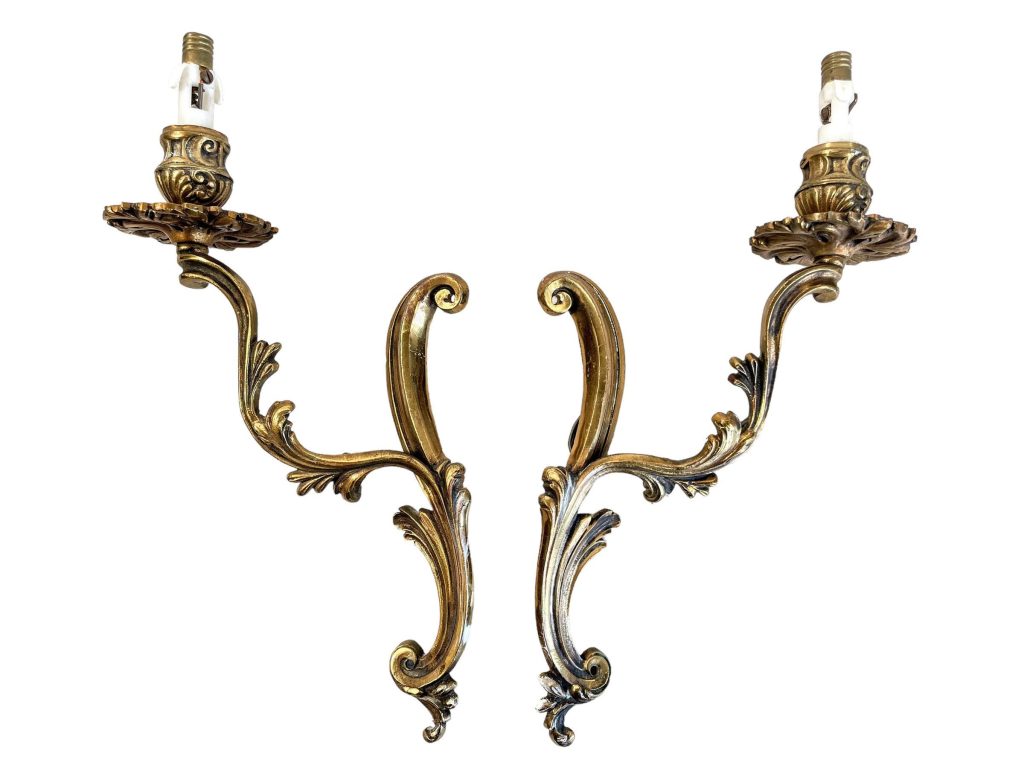 Vintage French Brass Double Wall Sconce Pair Light Lighting Electric Lamp Metal Period Lighting Prop c1960-70’s