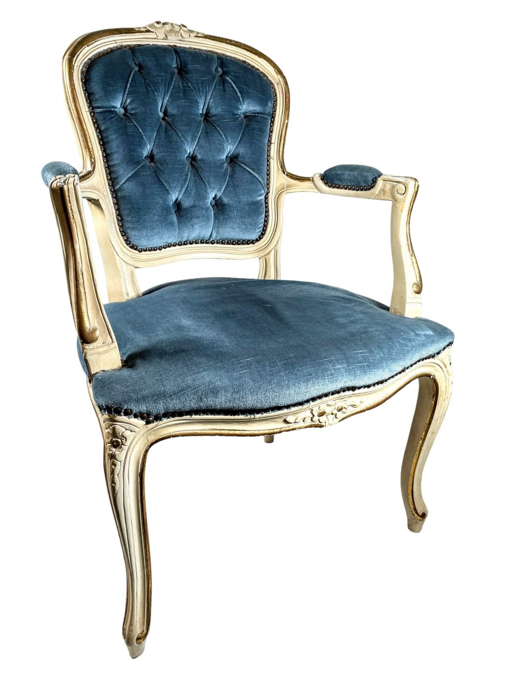 Vintage French Wooden Refurbished Louis XV Style Hand Floral Carved Chair Seating Cushioned Design Blue Beige c1920-40's