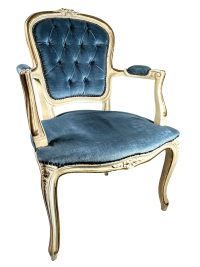 Vintage French Wooden Refurbished Louis XV Style Hand Floral Carved Chair Seating Cushioned Design Blue Beige c1920-40’s