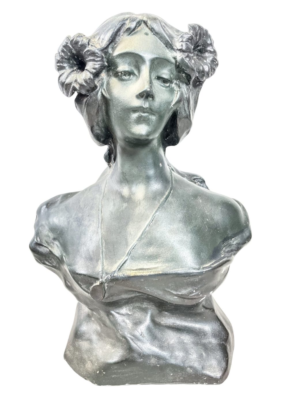 Vintage French Faux Bronze Look Plaster Bust Woman Lady Green Ornament Figurine Display Gift c1980's