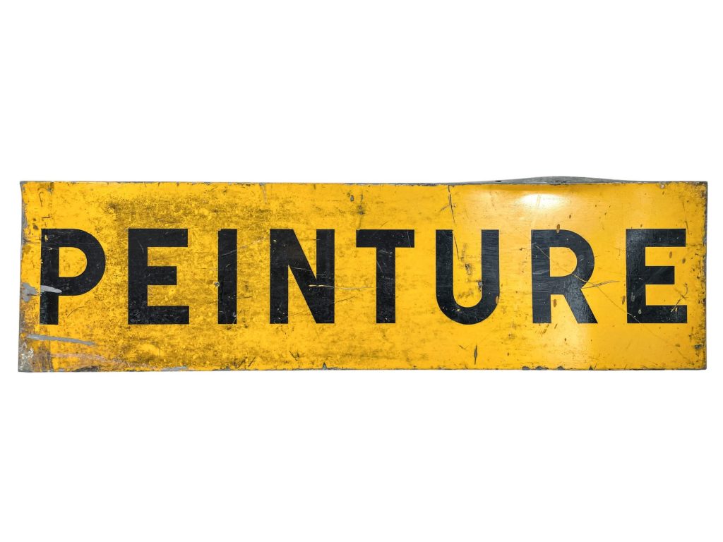 Vintage French Yellow Black Paint Painting Peinture Metal Roadsign Road Sign Warning c1990’s