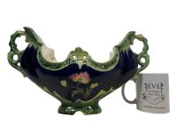 Alternative view of Antique French Majolica  Ceramic Vase With Purple Flower Decoration Ceramic Pot Container Storage Display Prop DAMAGED c1910-20's