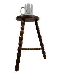 Alternative view of Vintage French Stool Chair Seat Wooden Milking Kitchen Table Round Shaped Seat Braced Bobbin Leg Plant Stand Plinth Tabouret c1960's