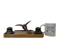 Alternative view of Antique French Copper Bird Stone Pen Pencil Paper Quill Ink Stand Rest Display Wooden Wood Desk Tidy Organiser circa 1920's