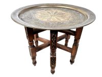 Vintage Moroccan Folding Table Brass Tray Display Legs Ornate Wooden Support Stand Plinth Wood circa 1960-70's