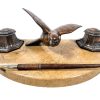 Antique French Copper Bird Stone Pen Pencil Paper Quill Ink Stand Rest Display Wooden Wood Desk Tidy Organiser circa 1920's