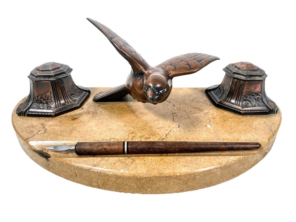 Antique French Copper Bird Stone Pen Pencil Paper Quill Ink Stand Rest Display Wooden Wood Desk Tidy Organiser circa 1920’s