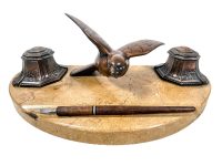 Antique French Copper Bird Stone Pen Pencil Paper Quill Ink Stand Rest Display Wooden Wood Desk Tidy Organiser circa 1920's