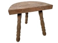 Vintage French Stool Chair Seat Wooden Milking Kitchen Table D Shaped Seat Turned Leg Plant Rest Stand Plinth Tabouret c1960-70's