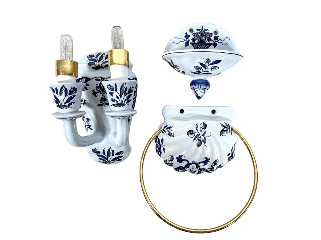 Vintage French Blue White Flower Cloakroom Bathroom Set Porcelaines Porcelain Ceramic circa 1970-80’s