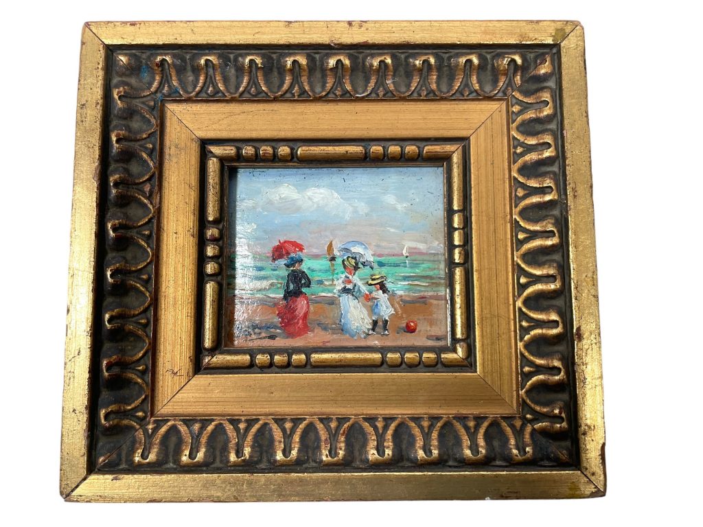Antique French “Ladies At The Seaside” Sea Beach Boat Oil Painting On Card Framed Wall Decor Decoration c1900’s