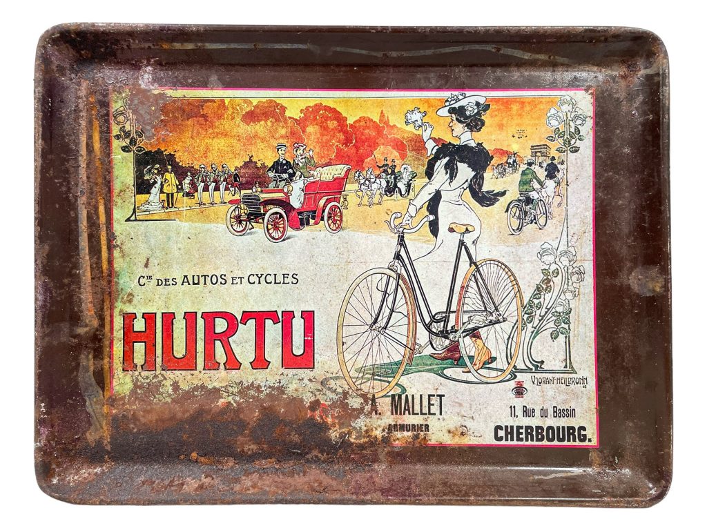 Vintage French Rusty Hurtu Cycles Cherbourg Metal Serving Cafe Bistro Bar Tray Waiter Dish Platter c1970-80’s