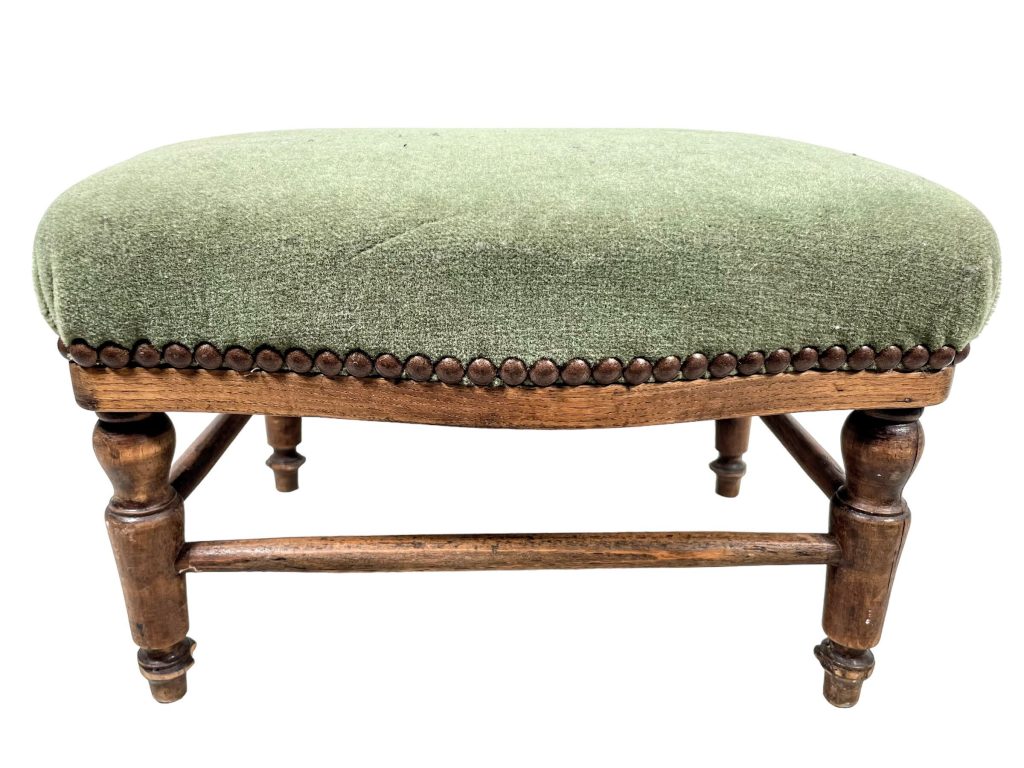 Vintage French Cushioned Bench Foot Stool Green Cushion Padded Bench Wooden Wood Chair Seat Side Prop Display Cross Stitch c1950’s