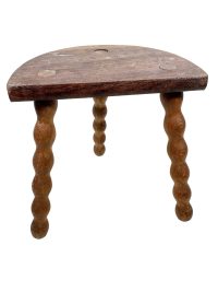 Vintage French Stool Chair Seat Wooden Milking Kitchen Table D Shaped Seat Bobbin Leg Plant Rest Stand Plinth Tabouret c1960's