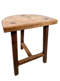 Vintage French Large Chunky Wooden Wood Milking Stool Chair Seat Table Farm D Shaped Seat Plant Rest Stand Plinth Tabouret c1950-60's