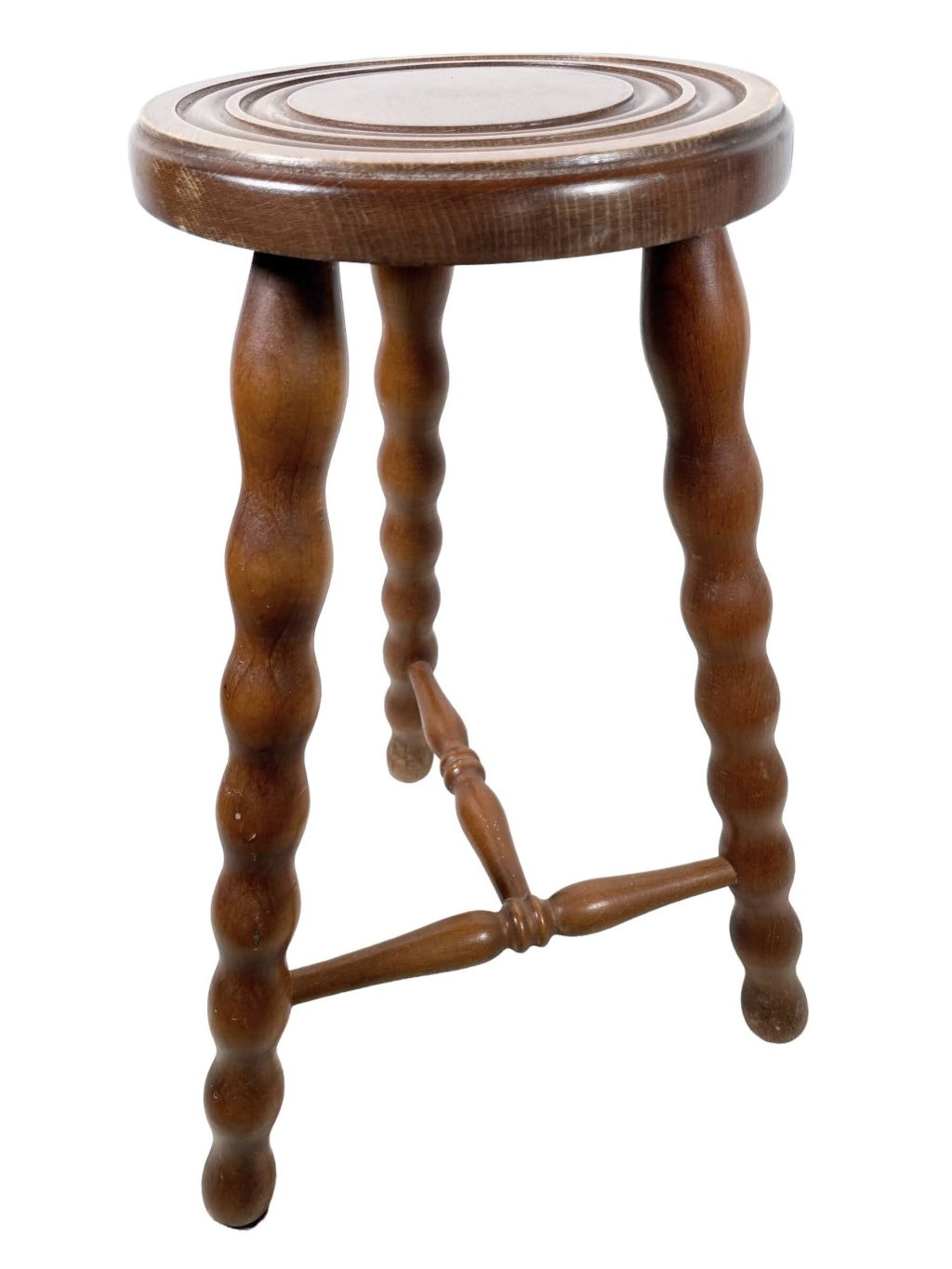 Vintage French Wooden Bobbin Leg Milking Stool Chair Seat Table Farm Circular Shaped Seat Plant Rest Stand Plinth Tabouret c1970-80’s
