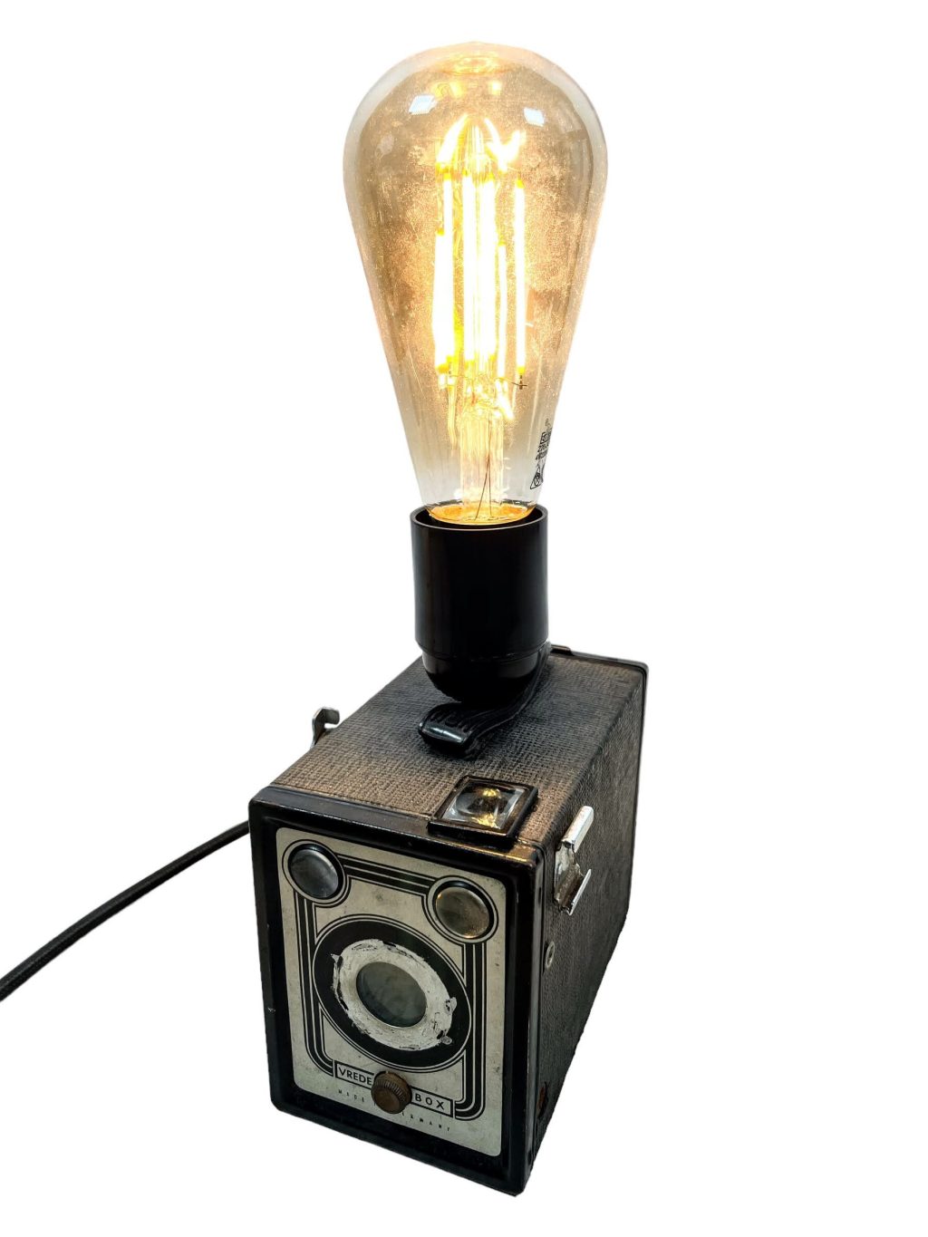 Antique German Vrede Box Upcycled Camera With Light Attachment Bulb Holder Desktop Bedside Lamp circa 1920’s