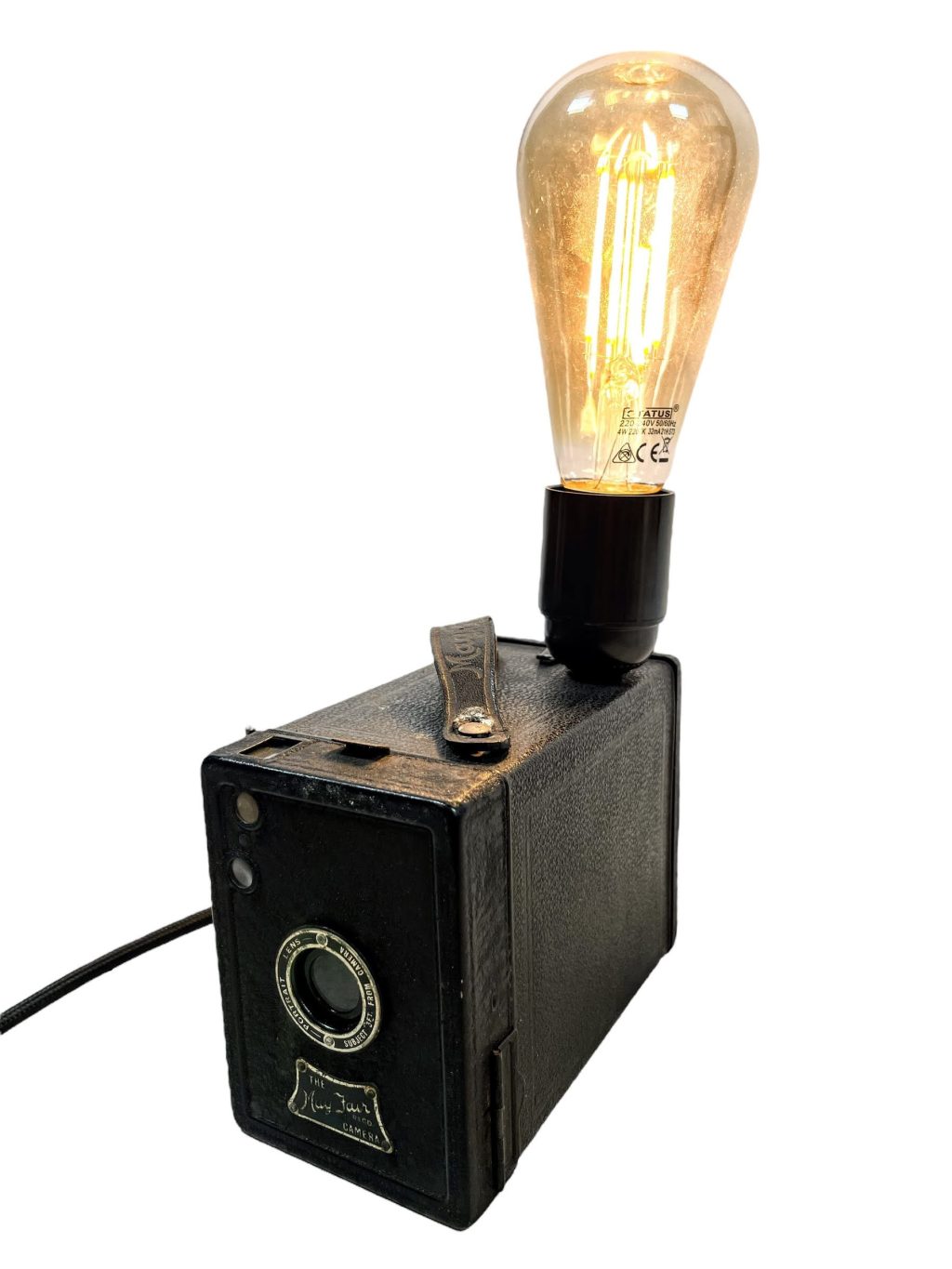 Antique English Mayfair Upcycled Camera With Light Attachment Bulb Holder Desktop Bedside Lamp circa 1920’s