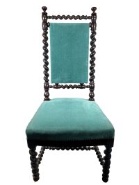 Antique French Barley Twist Aqua Green Straw Stuffed Cushion Low Chair Wood Seat Chair Wooden Rest Seating Damaged c1900's