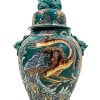 Antique French Faience DAMAGED Large Green Dragon Lidded Storage Pot Display Ornament Asian Inspired circa 1920's