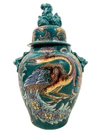 Antique French Faience DAMAGED Large Green Dragon Lidded Storage Pot Display Ornament Asian Inspired circa 1920’s