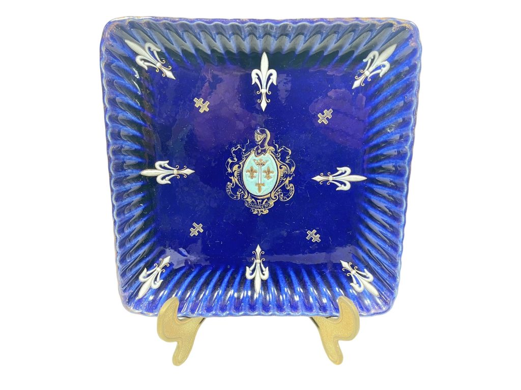 Antique French Blue And White Fleur De Lis Orthodox Jeanne D'Arc Of Arc Historic Ceramic Plate Serving Dish Table Decor c1920's