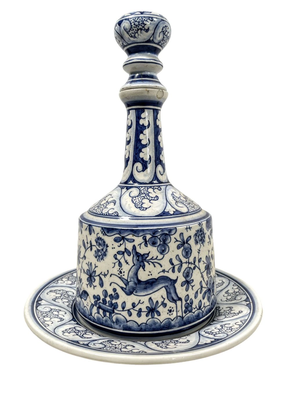Vintage French Faience Ceramic Carafe Decanter Blue White Water Wine Porto Wedding Useable Caraffe Vase Pot DAMAGE c1950-60’s
