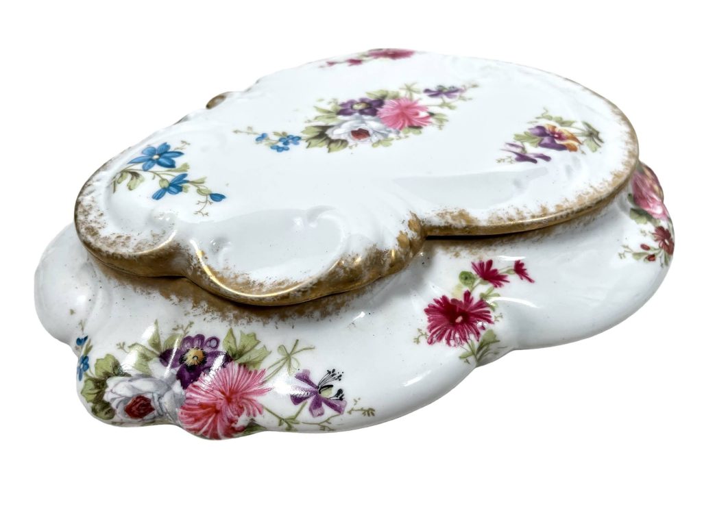 Vintage French Ceramic Limoges Trinket Candy Lidded Dish Pot White Gold Rim Flower Decorated c1950’s