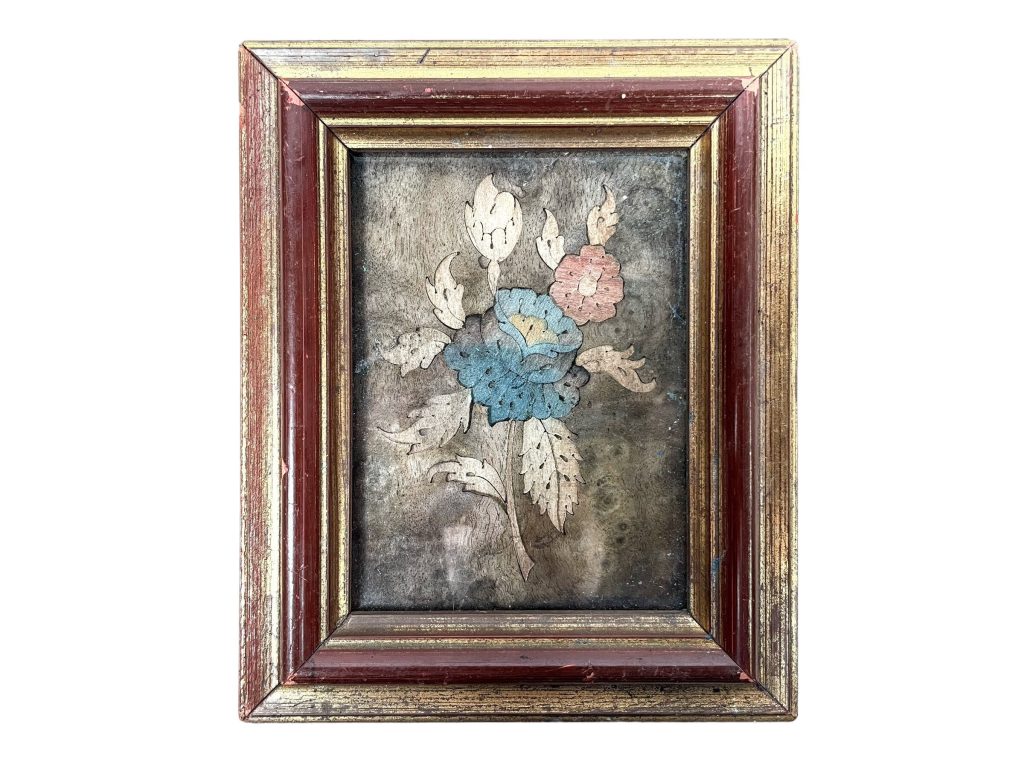 Antique French Inlaid Wood Layered Blue Red Flower Framed Wall Decor Decoration c1920’s
