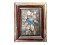 Antique French Inlaid Wood Layered Blue Red Flower Framed Wall Decor Decoration c1920's