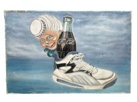 Vintage French "Coca" Acrylic Painting On Canvas Wall Decor Decoration Portrait Man Cap Head c1980-90's