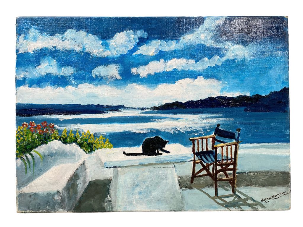 Vintage Greek “Pawed” Acrylic Painting On Canvas Wall Decor Decoration Flowers Chair Patio Building Sea Coast c1980-1990’s