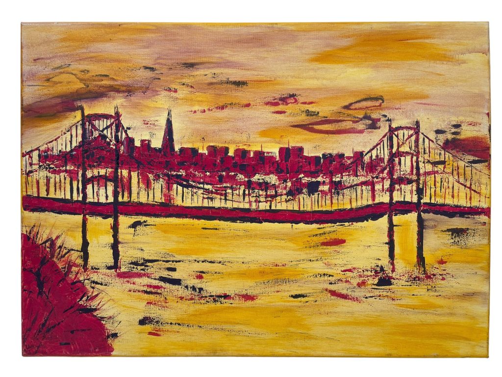 Vintage French “Gold Crossing” Acrylic Painting On Canvas Wall Decor Decoration River Bridge Sea Coast c1990’s