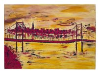 Vintage French "Gold Crossing" Acrylic Painting On Canvas Wall Decor Decoration River Bridge Sea Coast c1990's