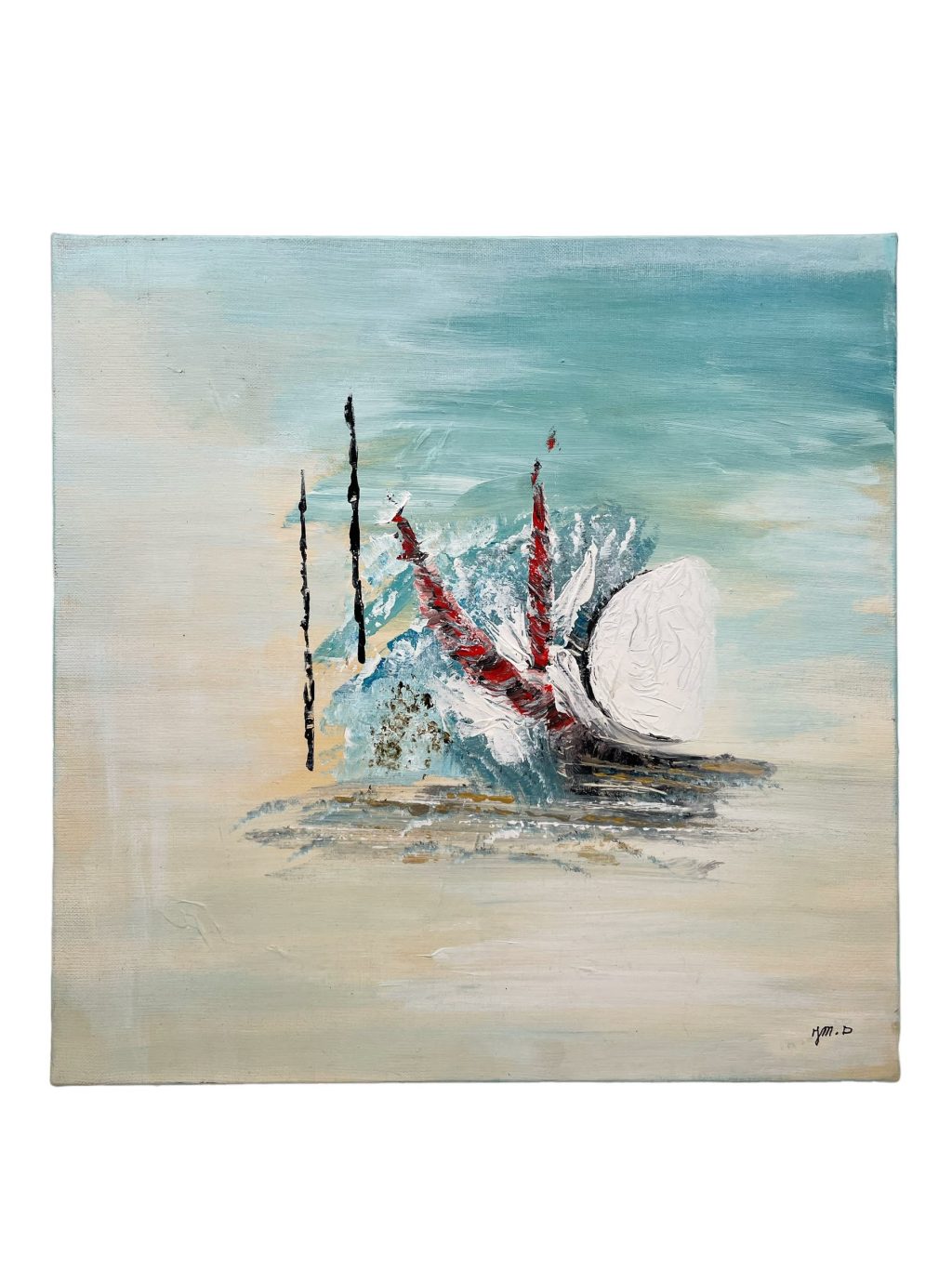 Vintage French “Turbulence” Acrylic Painting On Canvas Wall Decor Decoration Boats Sailing Sea Coast c1990-2000’s