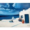 Vintage Greek "Destination" Acrylic Painting On Canvas Wall Decor Decoration Flowers Pots Building Sea Coast c1980-1990's