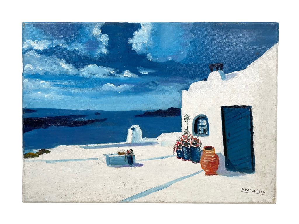 Vintage Greek “Destination” Acrylic Painting On Canvas Wall Decor Decoration Flowers Pots Building Sea Coast c1980-1990’s