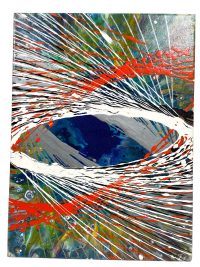 Vintage French "Eyes" Acrylic Painting On Canvas Wall Decor Decoration Pour Orange Blue Drip Splatter by John Francis c2000's