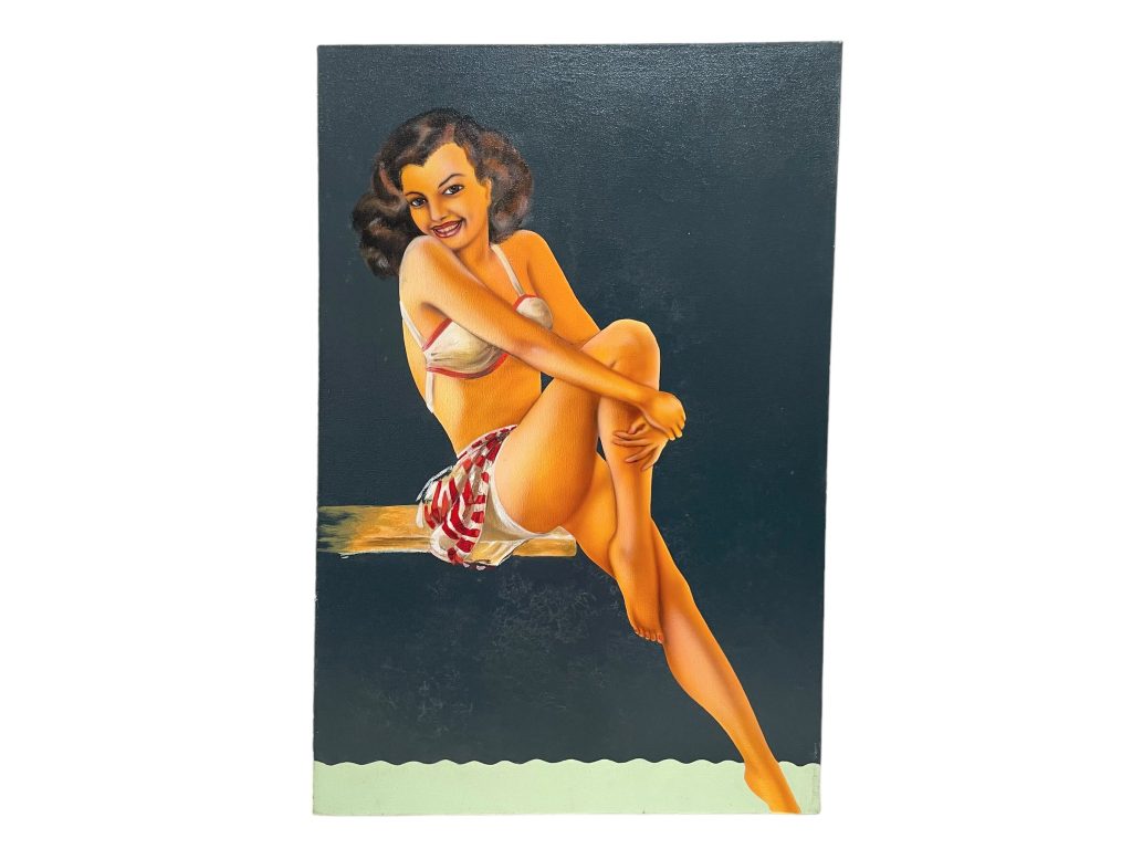 Vintage Painting Pin Up Lady In Swimsuit Acrylic On Canvas Wall Decor Decoration “Smile” Summer Art c1980’s