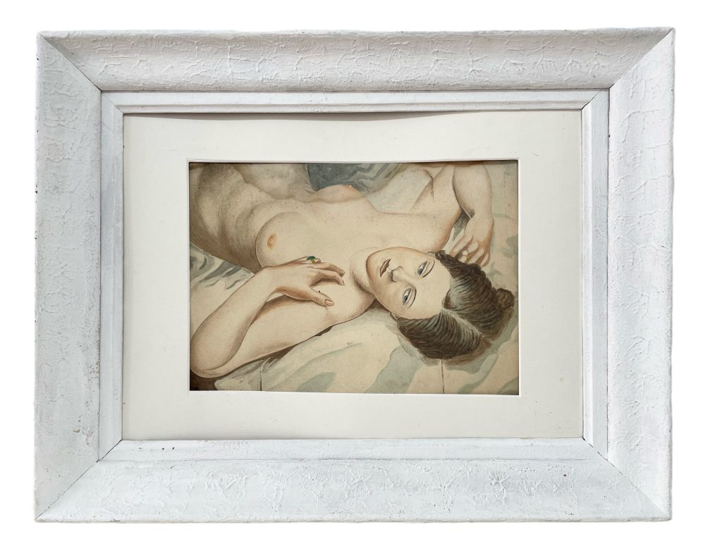 Vintage French Water Colour Paint Painting Nude Lady “Woman With Green Ring” Portrait c1950’s