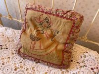 Antique French Square Feather Down Pillow Pillows Embroidery Off Pink Red Green Child Basket Couch Bed Chair or Sofa circa 1910-20's